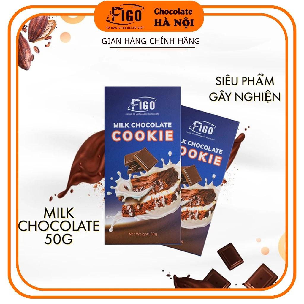 [2 HỘP 50GR] Milk Chocolate 50% Cacao Socola nhân Bánh Cookie Figo thanh 50gr, ĂN LÀ NGHIỀN, Cam kết chất lượng