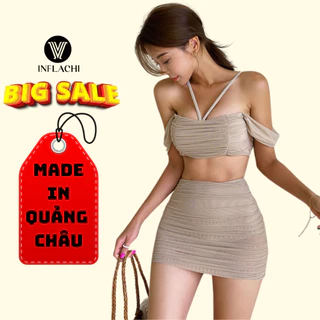 Bikini 2 mảnh đi biển trễ vai cổ yếm cho nữ INFLACHI áo croptop tôn dáng váy cạp cao nhún sexy 2798 F-1