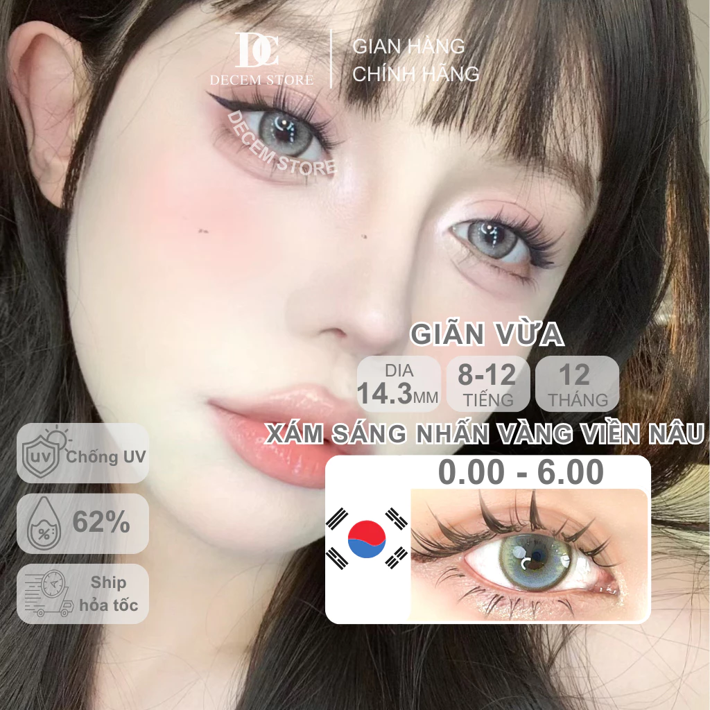 Kính áp tròng màu xám sáng nhấn vàng viền nâu 14.3mm Hàn Quốc GRA5, contact lens mắt cận độ giãn vừa 1 năm Decem Store