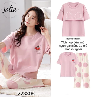 Bộ Ngủ Áo Cộc Quần Dài Có Đệm Ngực 100% Cotton Siêu Co Giãn, Thoáng Khí, Mềm Mại