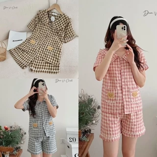 Set bộ đồ nữ Pyjama đũi kẻ nhung mềm mịn nhẹ nhàng áo cộc quần đùi cổ tròn tiểu thư sang chảnh