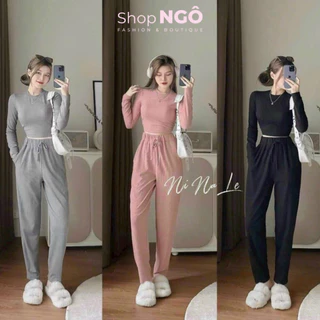 Set bộ đồ nữ basic áo tay dài croptop quần dài ống ôm 3 màu trơn màu  phong cách trẻ trung năng động