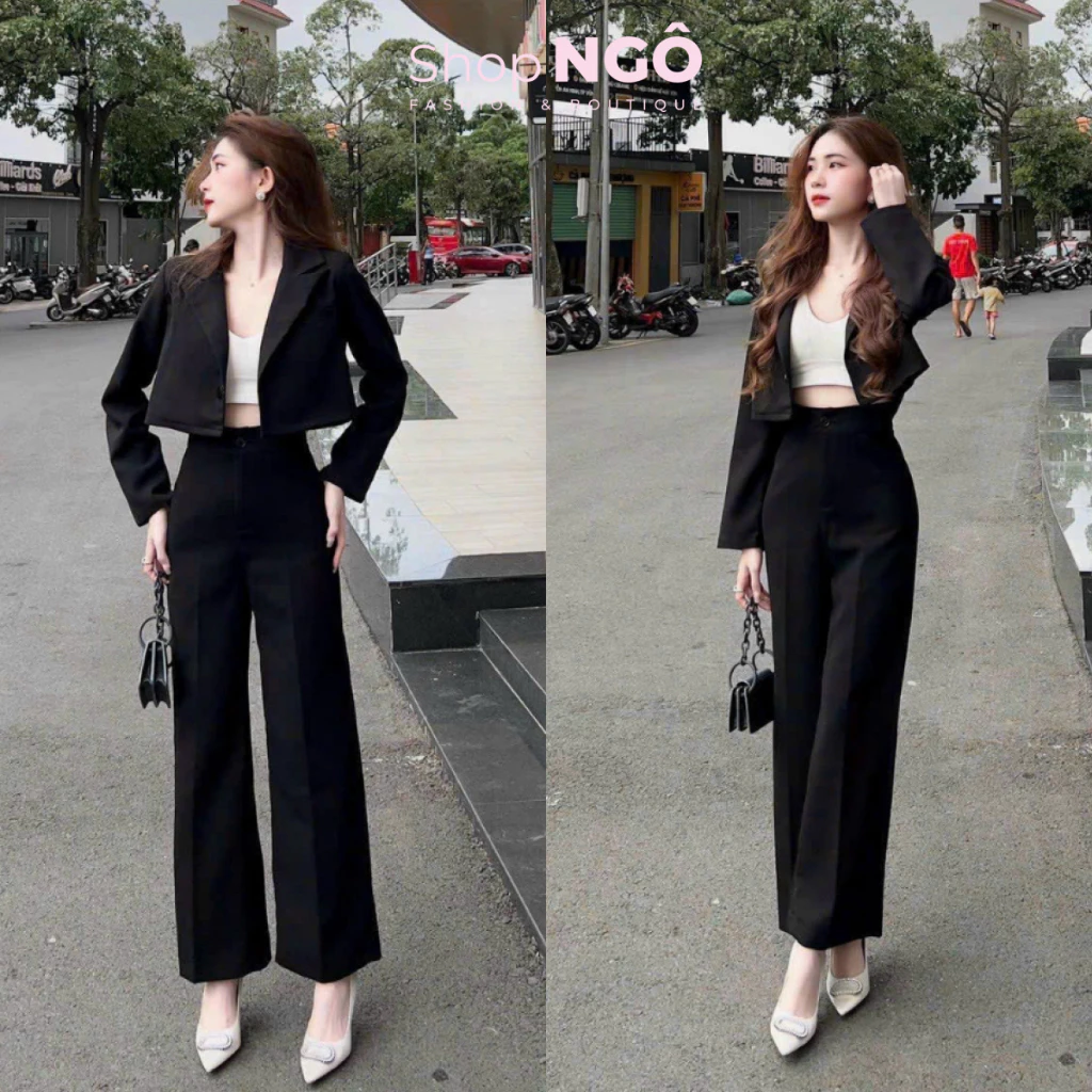 Set bộ đồ nữ 3 món set áo vest croptop tay dài phối quần ống suông màu đen có áo lót phong cách hàn quốc thanh lịch