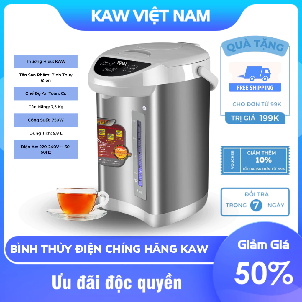 Bình Thủy Điện Đun Nước Nóng Chính Hãng KAW, Giữ Nhiệt Lâu, Công Suất Lớn, Bảo Hành 12 Tháng