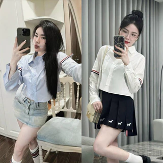 Áo sơ mi nữ dài tay trắng viền kẻ tay hai bên, áo sơmi dáng ngắn croptop style ulzzang kiểu dáng basic A255