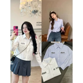 A241 Áo sơ mi nữ dáng lửng Miu Miu, áo croptop nữ sang chảnh