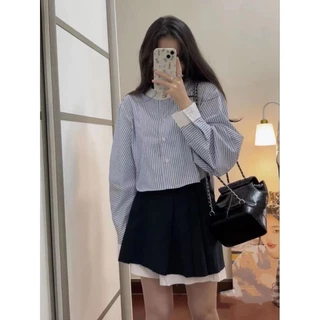 [S7507] SET SƠ MI KẺ PHA TRẮNG KÈM CHÂN VÁY TENNIS WG.WE metwo.dearu - Set đồ nữ QC áo kiểu croptop váy xếp ly ulzzang