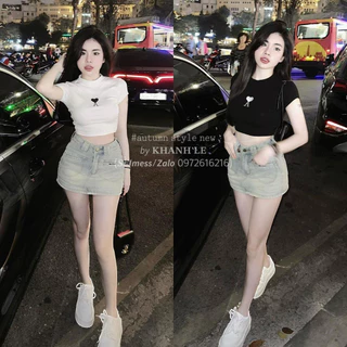 Áo phông zip thêu chữ A croptop cộc tay 2 màu (kèm ảnh thật)