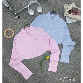 Sơ mi sọc nữ dáng croptop dài tay túi trước 3042 phong cách hàn quốc màu pastel dễ phối hàng quảng châu loại 1(Ảnh thật)