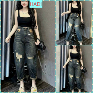 [BGNL1353] QUẦN BAGGY JEANS NỮ LƯNG CAO FORM TOMBOY CAO CẤP MÀU KEM PHỐI RÁCH 2 GỐI MÀU RÊU ÁNH VÀNG XỊN SÒ