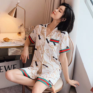 [LR05] Bộ Ngủ Mặc Nhà Pijama Lụa  Cộc Tay, Họa Tiết GC, Nữ Tính Phong Cách Hàn Quốc (HÀNG QUẢNG CHÂU) 2023