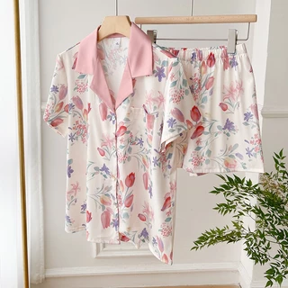 [LR07] Bộ Ngủ Mặc Nhà Pijama Lụa  Cộc Tay, Họa Tiết Hoa Tulip, Nữ Tính Phong Cách Hàn Quốc (HÀNG QUẢNG CHÂU) 2023