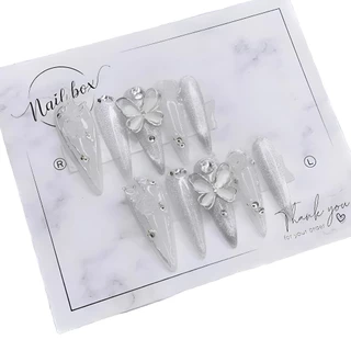 [LA08] Nailbox thiết kế 10 móng úp - Mã sơn gel mắt mèo trắng thạch gắn charm đá sáng