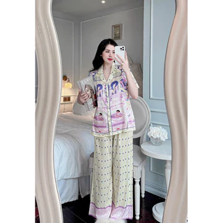 PIJAMA TAY NGẮN QUẦN DÀI KING CỔ XANH CLC LỤA SATIN CAO CẤP QC A45749.