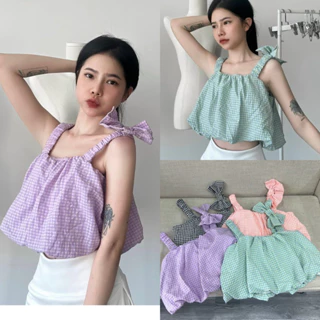 Áo Hai Dây kẻ Caro Dáng Bí kèm nơ xinh vintage m092