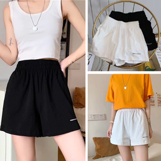 Quần đùi nữ ulzzang ống rộng cạp chun quần short lưng thun thêu chữ phong cách hàn quốc