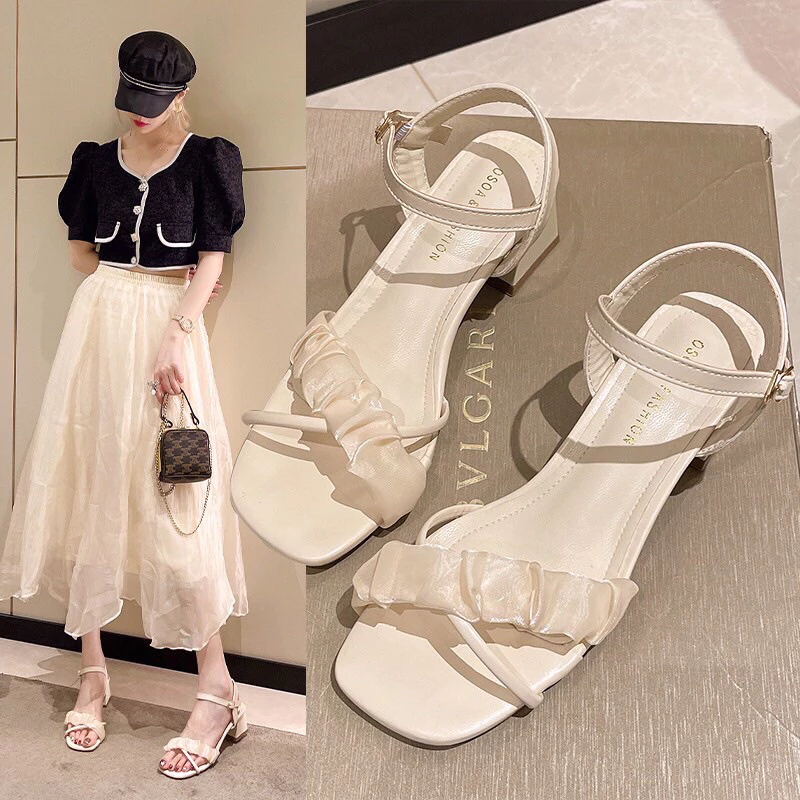 Sandan nữ bánh bèo gắn ngọc gót vuông hàng VNXK loại 1
