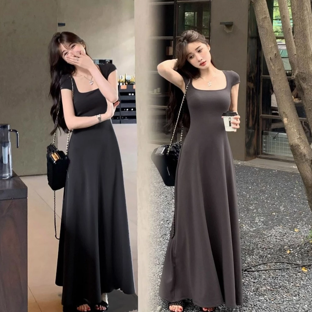 Váy đầm Maxi chất liệu thun co giãn cổ vuông cộc tay đi biển đi tiệc phong cách Hàn Quốc Ulzzang (CÓ BIG SIZE) SP107