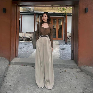 Quần ống suông Culottes dài 100cm cạp lưng cao khuy  Kèm Đai độc đáo sang trọng.