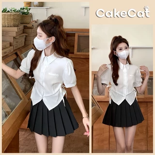 Áo Sơ Mi Tay Ngắn Áo Nữ Rút Dây Eo Ceci Top Áo Kiểu Nữ Chất Liệu Đũi Xốp Thoáng Mát Mùa Hè Cakecat