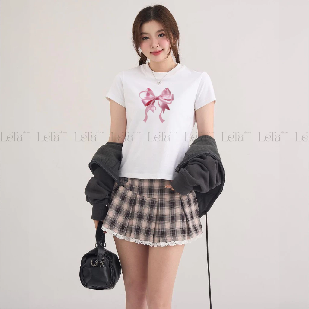 Áo Thun Form Fit Mẫu Nơ Hồng. Áo Baby Tee Chất Cotton Co Giãn