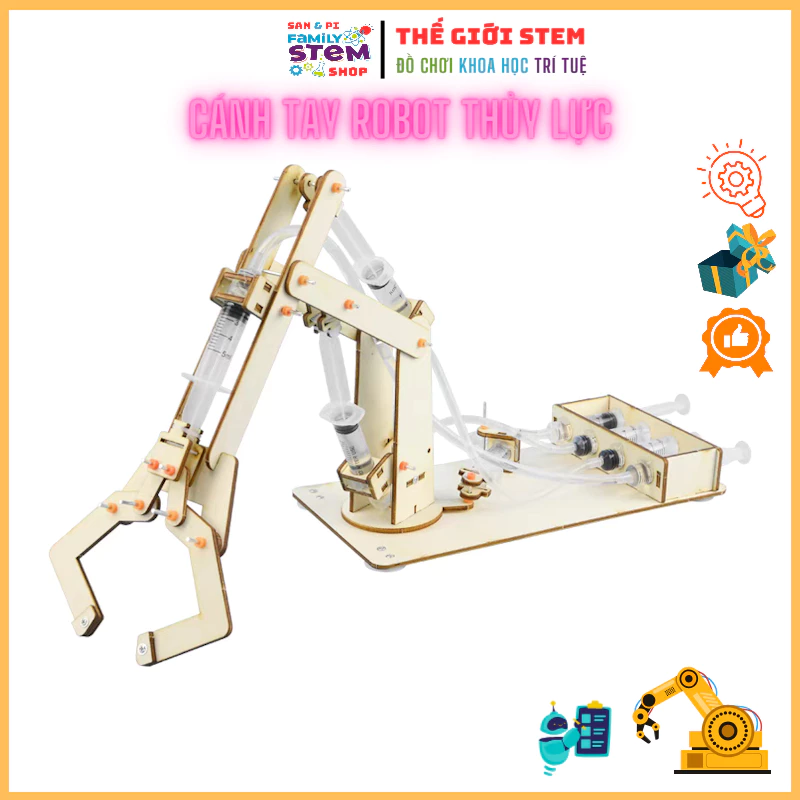 Mô hình Cánh Tay Robot Thủy Lực loại lớn, 4 xi lanh. Đồ chơi lắp ráp giáo dục khoa học sáng tạo cho trẻ em. STEMSANPI