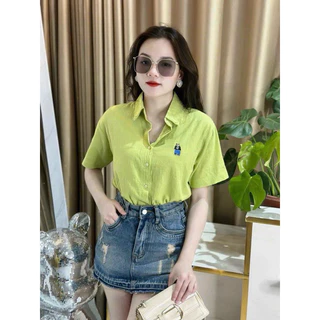 Áo Sơ Mi Tay Cộc 1 Túi Thêu Chất Cotton From Rộng Vừa Xinh Xắn Mềm Mát, Sơ Mi Nữ Công Sở Nhiều Màu