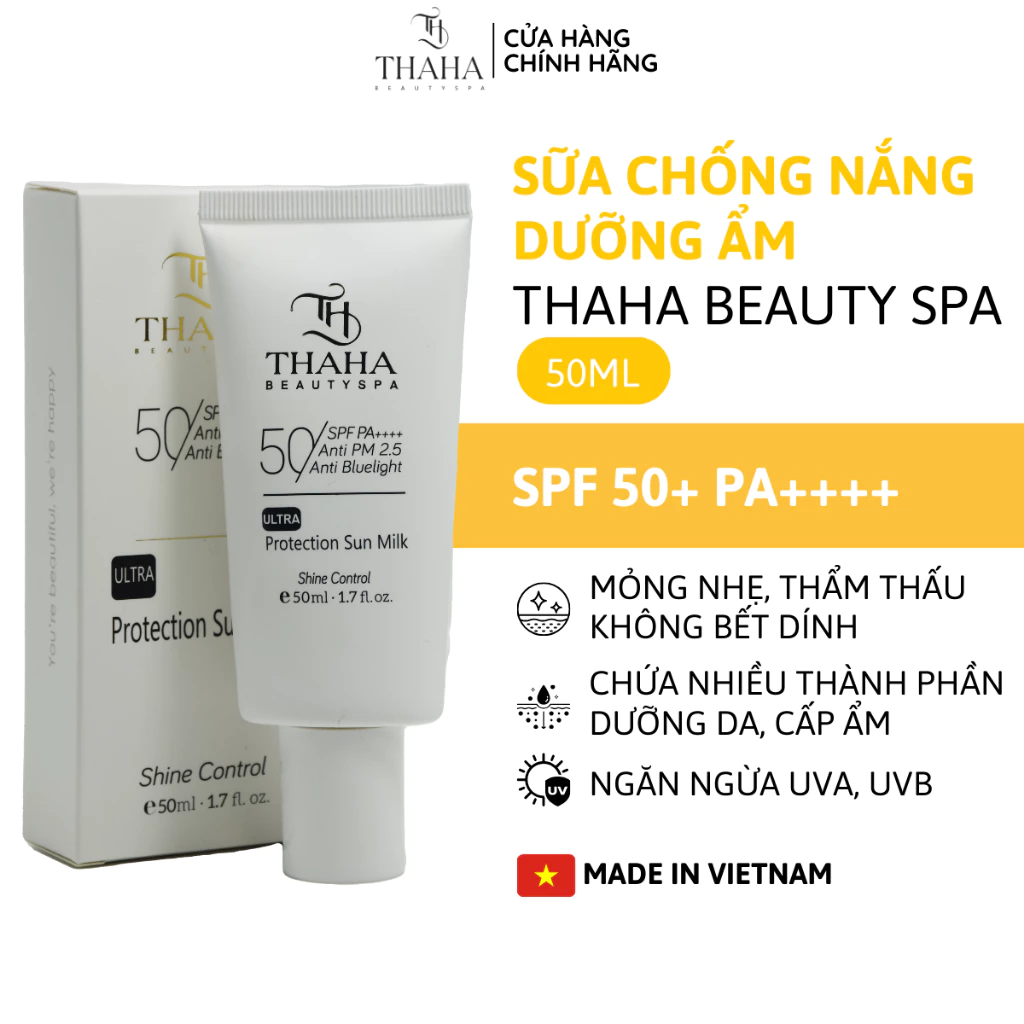 [CHÍNH HÃNG Kem chống nắng dạng sữa THAHA SPF 50+ PA++++ 50ml, Chống nắng nâng tone tự nhiên, Dưỡng ẩm, Kiềm dầu