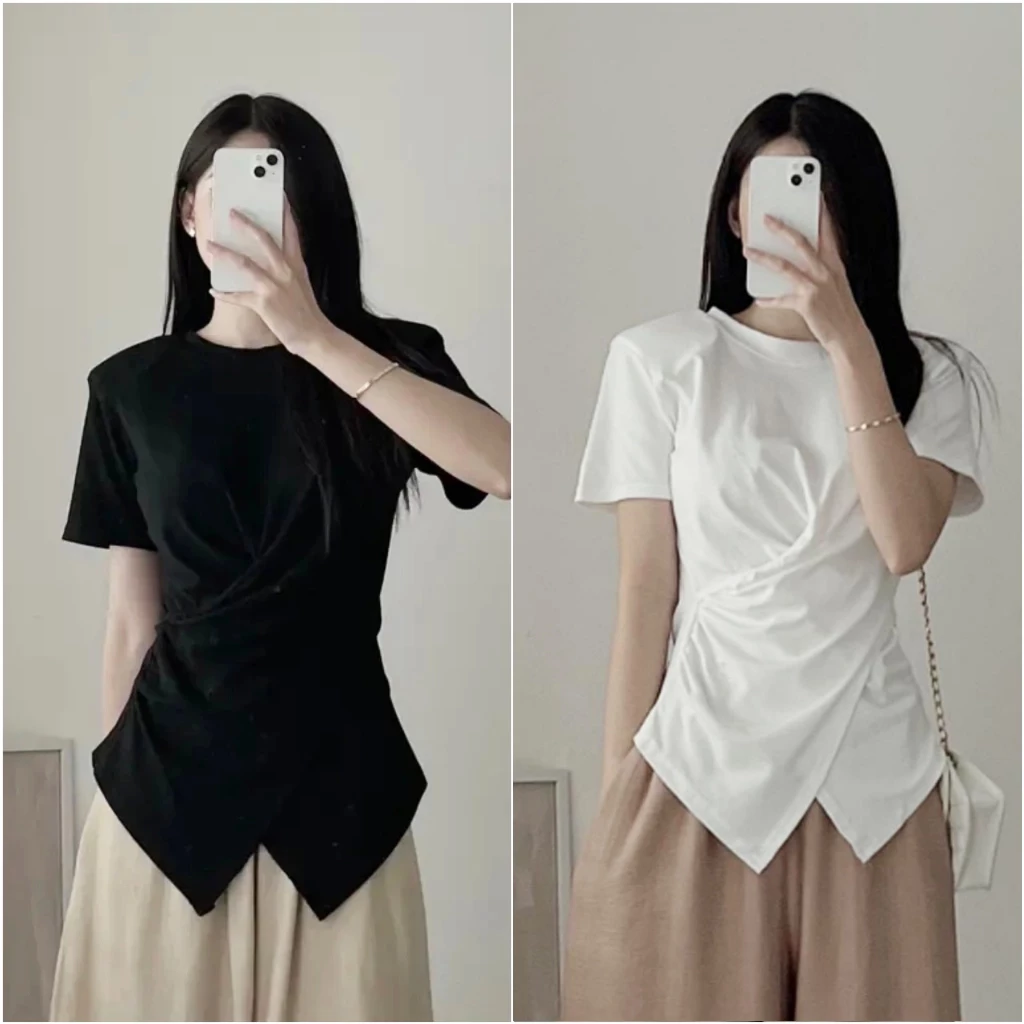 Áo Thun Vắt Chéo Xoắn Eo CAROLL Nữ [FREESHIP] - Áo Thun Trơn Cổ Tròn Vải Thun Tăm Mềm Mịn Co Giãn 4 chiều Siêu HOT