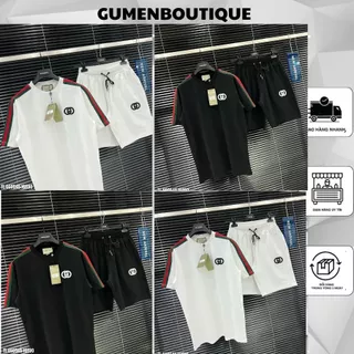 [NEW] Bộ Quần Áo Gu Chì Nam Chất Liệu Cotton In Logo Trước Ngực Phối Sọc Xanh Đỏ Tay Áo - Bộ Cộc Tay Nam GC Gắn Logo