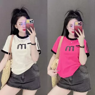 Áo thun cotton khô 3158 Babytee- Áo Form (36-56kg) chữ M in nổi , sọc tay , form dáng ngắn