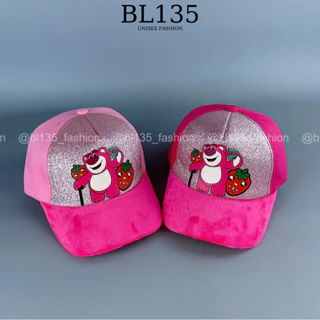 Nón kết trẻ em Lotso Dâu [4-8 tuổi] cho bé trai/bé gái, mũ gấu hồng chống nắng phối nhung và kim tuyến - BL135
