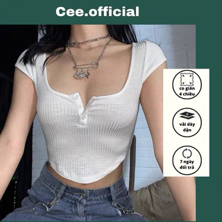 CEE OFFICIAL Áo croptop tay ngắn cổ vuông phối nút bấm vạt bầu basic dễ phối đồ P83