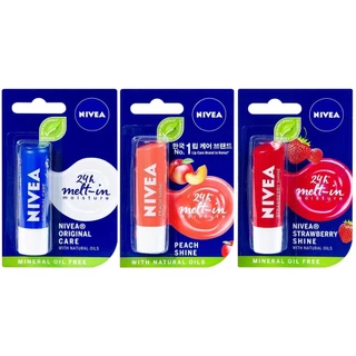 Son dưỡng môi dưỡng ẩm không chì Nivea Original Care (không màu) Caring Lip Balm Strawberry Shine, Peach Shine (đỏ cam)