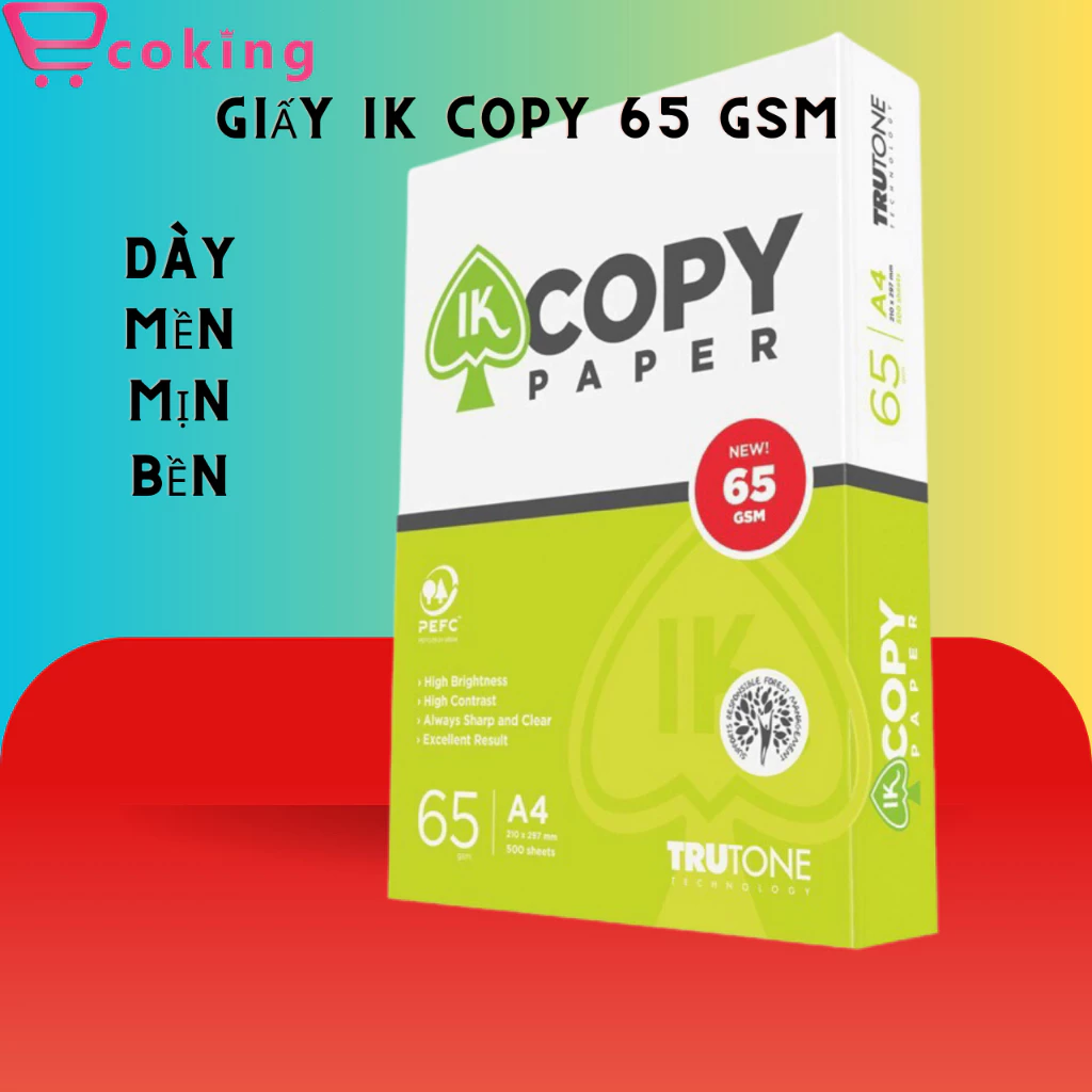 Giấy Flexoffice A4 - IK COPY 65 gsm ECOKING, 500 TỜ/REAM, Nhập khẩu Indonesia dày mền mịn lưu mực mãi mãi không phai muc