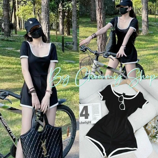 Jumpsuit đùi nữ tay ngắn viền trắng cổ U, sét bộ liền quần đi chơi đi biển cho nữ -ChocomyShop