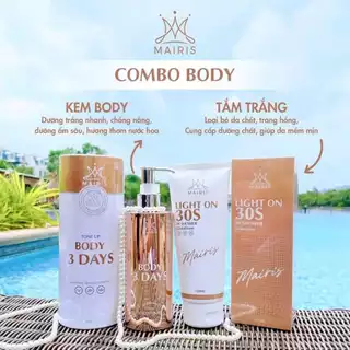 { Chính Hãng } COMBO Tắm trắng Body toàn thân LIGHT ON 30s và Body Truyền Trắng Tone Up 3 Days Mairis