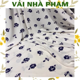 VẢI LỤA CÁT HỌA TIẾT HOA XANH ĐEN NỀN TRẮNG NGÀ-KHỔ 1.5M-VẢI NHÀ PHẠM