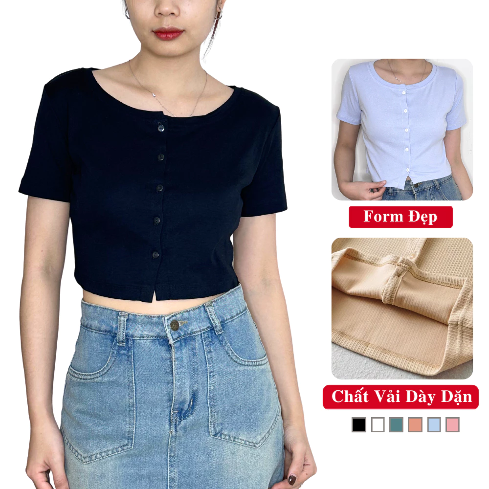 Áo Croptop Cổ Tròn Ngắn Tay Khuy Cúc Madela Dáng Ôm Body, Áo Thun Croptop Body Nữ Ngắn Tay Cổ Tròn