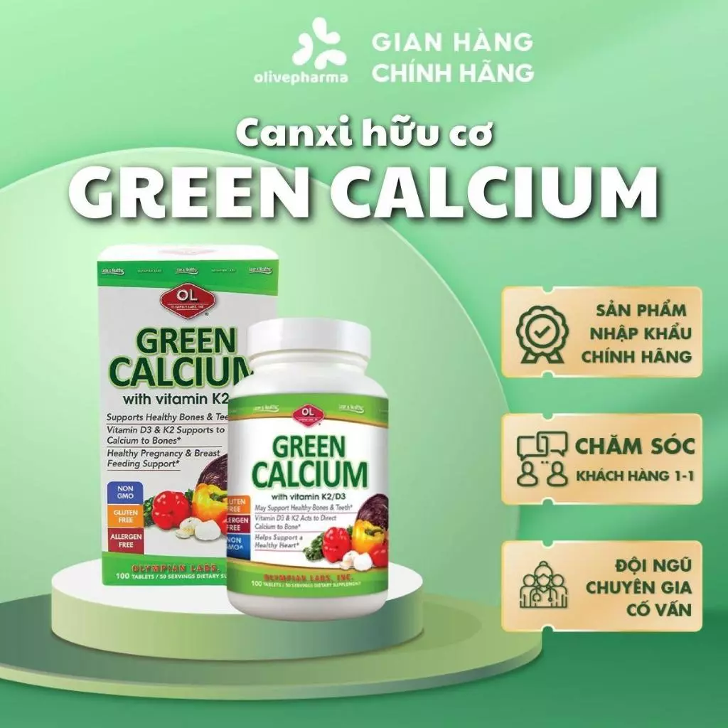 Olivepharma Chính Hãng - Canxi hữu cơ Olympian Labs Green Calcium - Hỗ trợ bổ sung canxi cho cơ thể dành cho mẹ bầu