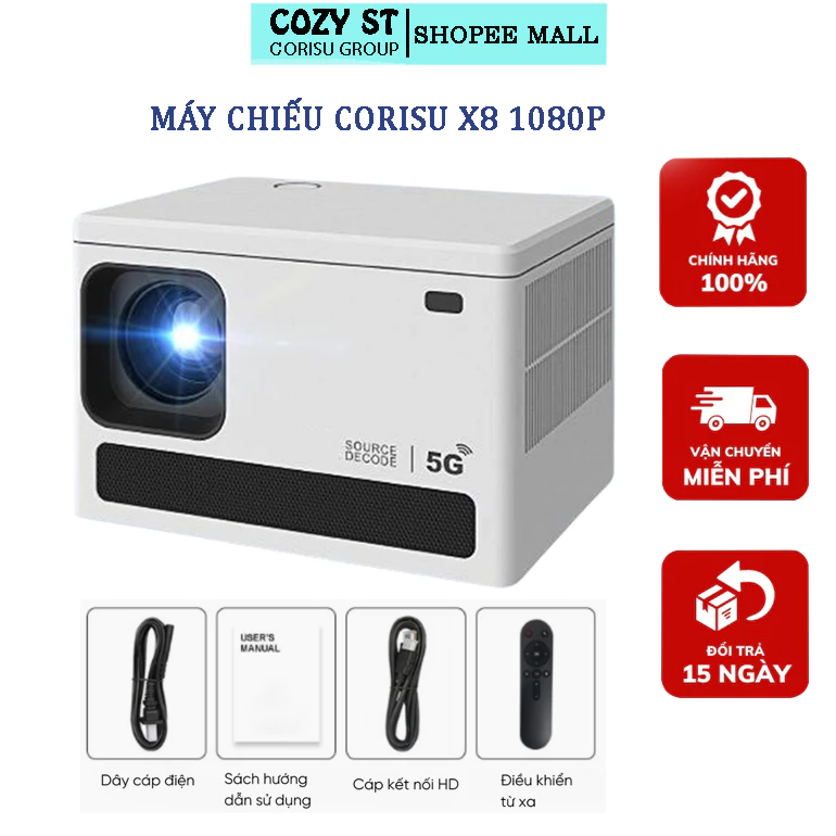 Máy Chiếu Mini HD Siêu Nét CORISU X8, Máy Chiếu Gia Đình Kết Nối Wifi, Âm Thanh 3D Sống Động Hỗ Trợ Hệ Điều Hành Android