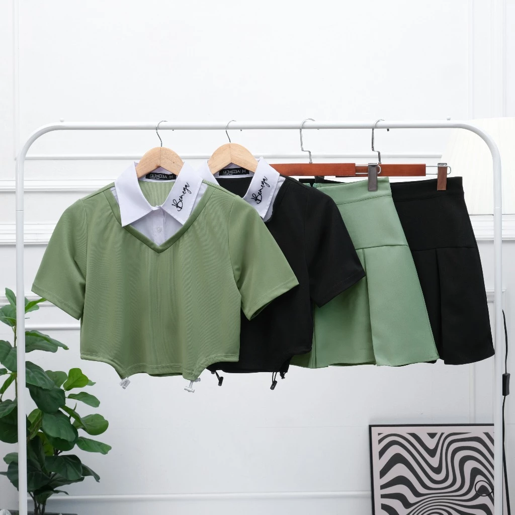 Set váy ngắn xếp ly+ áo kiểu BEMEGA phong cách hàn quốc đi chơi, du lịch ( ảnh thật)