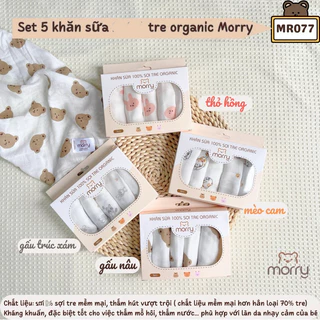 Hộp 5 Khăn Sữa Sợi Tre Organic  Morry 2 Lớp Kháng Khuẩn - Mềm Mịn An Toàn Cho Trẻ Sơ Sinh( Hộp giấy)