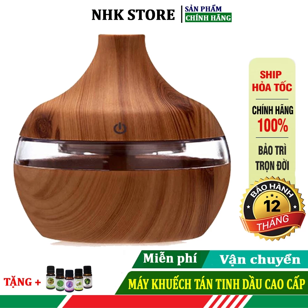 Máy phun sương, máy xông tinh dầu, máy khuếch tán tinh dầu vân gỗ đèn led 7 màu