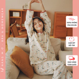 Bộ đồ mặc nhà nữ pyjamas dài tay siêu mềm mát cotton tự nhiên cổ tròn viền đỏ Rabbit