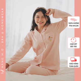 Bộ đồ mặc nhà nữ pyjamas dài tay siêu mềm mát cotton tự nhiên túi thêu Thỏ Carrot