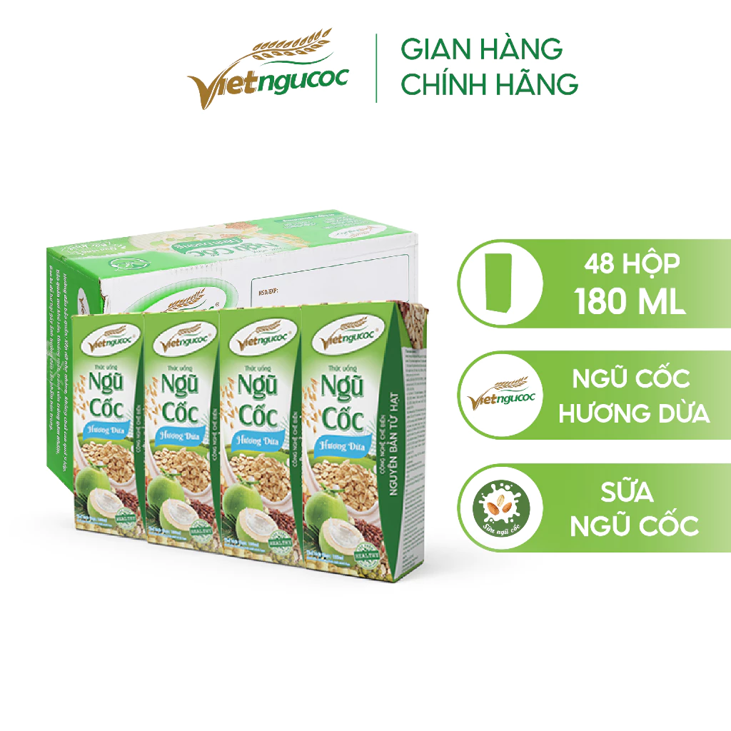 Thùng 48 Hộp Sữa Ngũ Cốc Dinh Dưỡng VIỆT NGŨ CỐC Hương Dừa Thơm Béo Uống Liền 180ml/Hộp