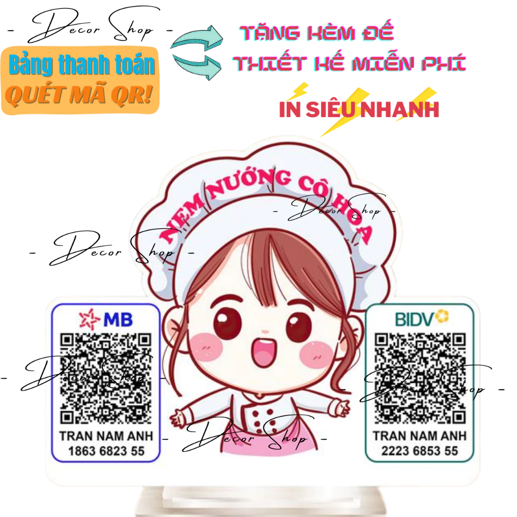 Bảng quét mã qr cô gái để bàn in theo yêu cầu, mã qr để bàn thanh toán tiện lợi chất liệu mica bên đẹp in nhanh