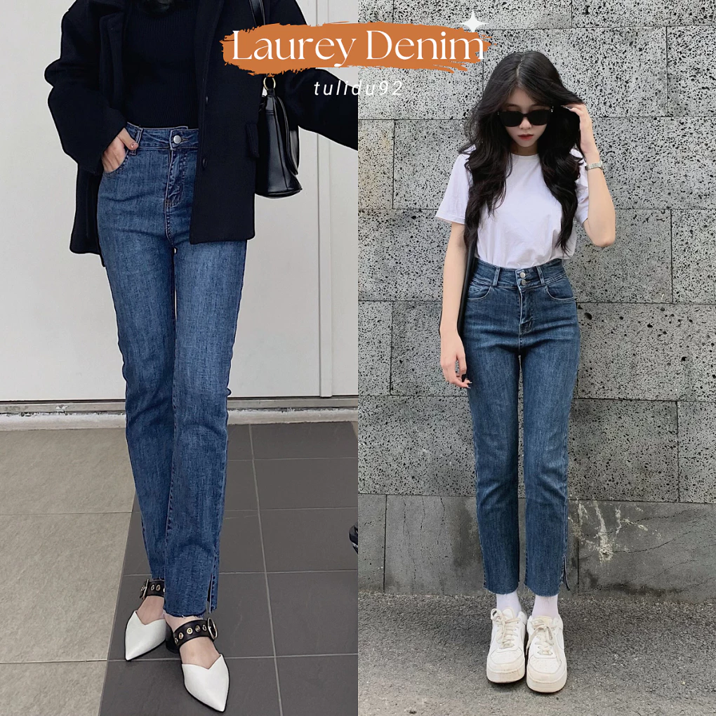 Quần Jean Ống Đứng Nữ TULIDU Xẻ Tà Lưng Cao Chất Mềm Mịn Co Giãn 4 Chiều Quần Ống Đứng