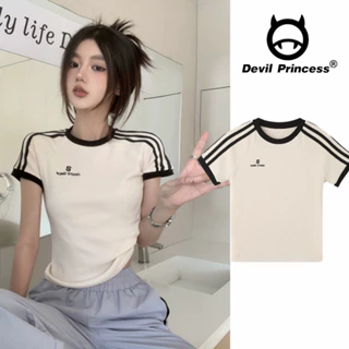 Áo baby tee nữ mùa hè kẻ viền nổi bật mặc ôm DELIZ chất thun tăm thoải mái Devil Princess